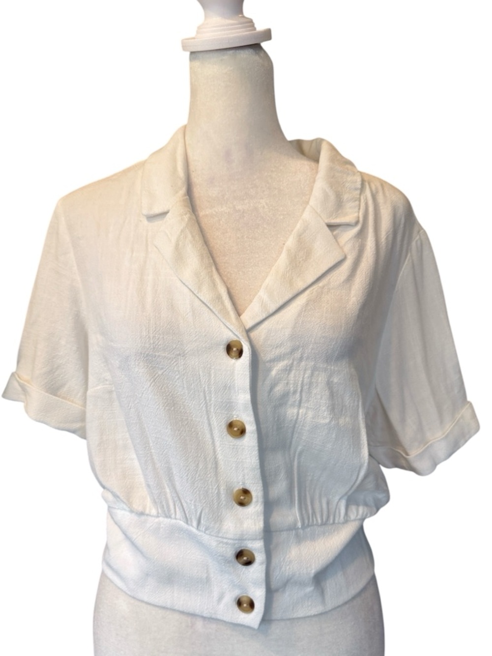 Monteau White Textured Short Sleeve Button-Down‎ Blouse Cardigan Crop XL NWT